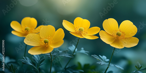 Yellow buttercup flower meadow background. Floral spring wallpaper, banner. Nature	
