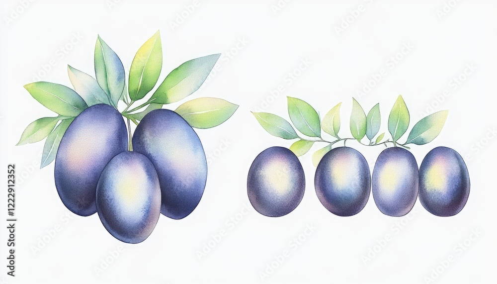 Vibrant illustration of plump purple plums with green leaves, showcasing their natural beauty and freshness Vibrant illustration of plump purple plums with green leaves, showcasing their natural beauty and freshness