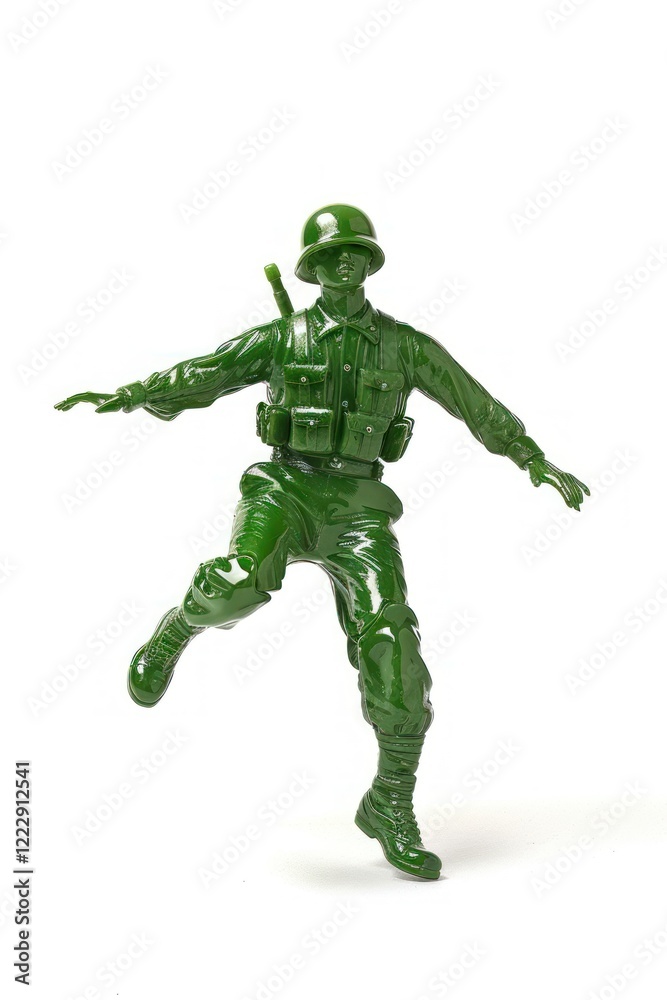 Plastic toy soldier doing jumping green clothing footwear. Plastic toy soldier doing jumping green clothing footwear.