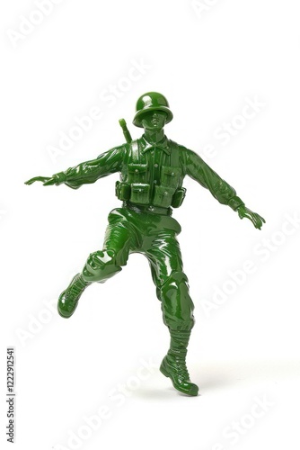 Plastic toy soldier doing jumping green clothing footwear.