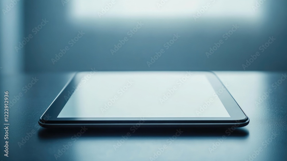 Modern digital touchscreen tablet on a dark surface with empty space for text and soft background light for creative design concepts. Modern digital touchscreen tablet on a dark surface with empty space for text and soft background light for creative design concepts.