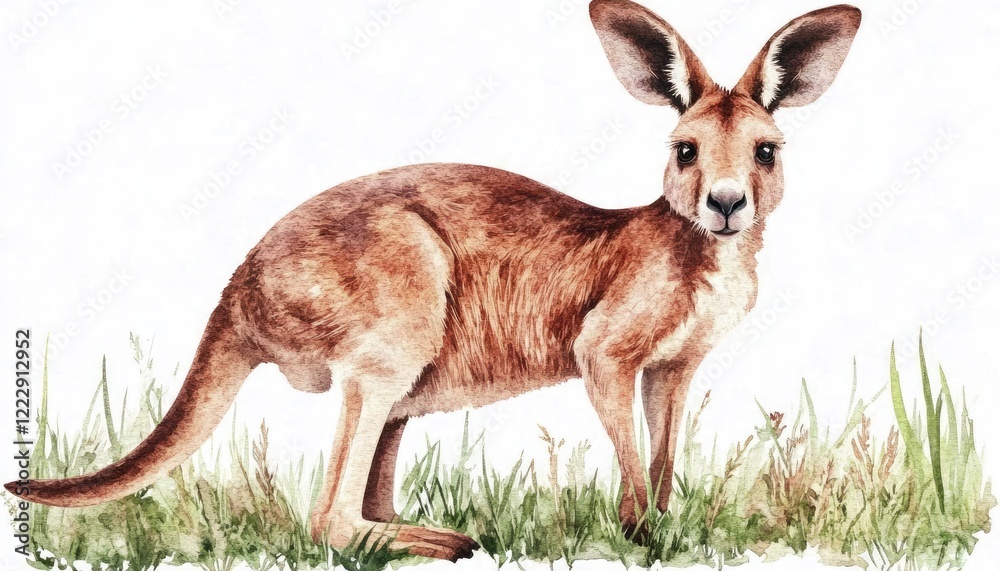 A realistic depiction of a kangaroo standing on green grass, showcasing its natural habitat and environment A realistic depiction of a kangaroo standing on green grass, showcasing its natural habitat and environment