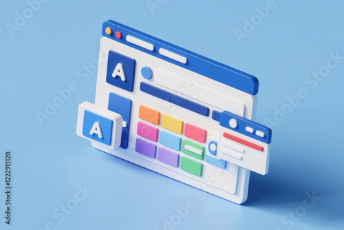 3D illustration of a website interface with colorful buttons and elements, representing web design and development. photo