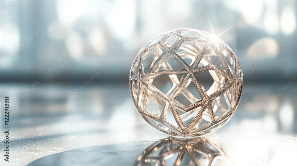 Geometric Lens Ball Reflecting Light on Glass Surface with Copy Space for Text and Creative Visual Effects Geometric Lens Ball Reflecting Light on Glass Surface with Copy Space for Text and Creative Visual Effects