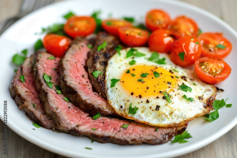 Steak eggs breakfast with cherry tomatoes garnished with herbs Steak eggs breakfast with cherry tomatoes garnished with herbs