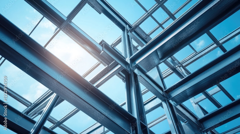Close up of modern steel frame structures showcasing architectural design with clear sky background for text placement and creative use. Close up of modern steel frame structures showcasing architectural design with clear sky background for text placement and creative use.