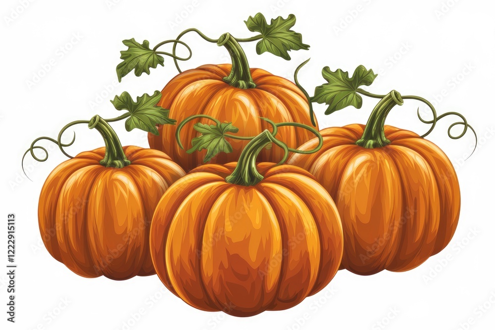 A cluster of four vibrant orange pumpkins with lush green leaves and vines, isolated on white background. A cluster of four vibrant orange pumpkins with lush green leaves and vines, isolated on white background.