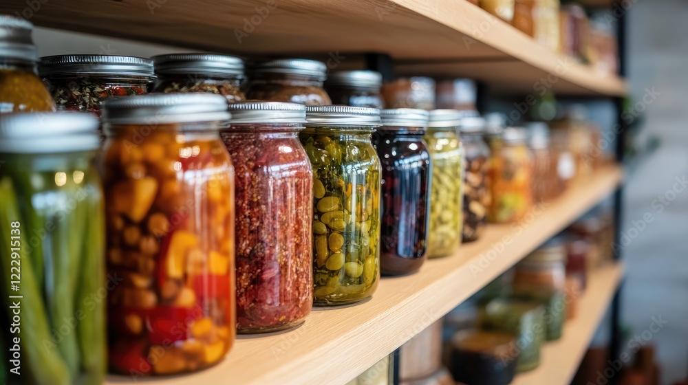Close up of a well-organized food storage shelf showcasing a variety of preserved foods with ample empty space for creative text placement Close up of a well-organized food storage shelf showcasing a variety of preserved foods with ample empty space for creative text placement