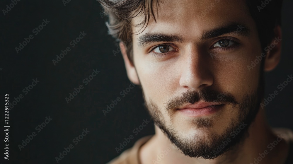 Fototapeta premium Close up portrait of a young man with a beard gazing at the camera with dark background and ample space for text or graphics