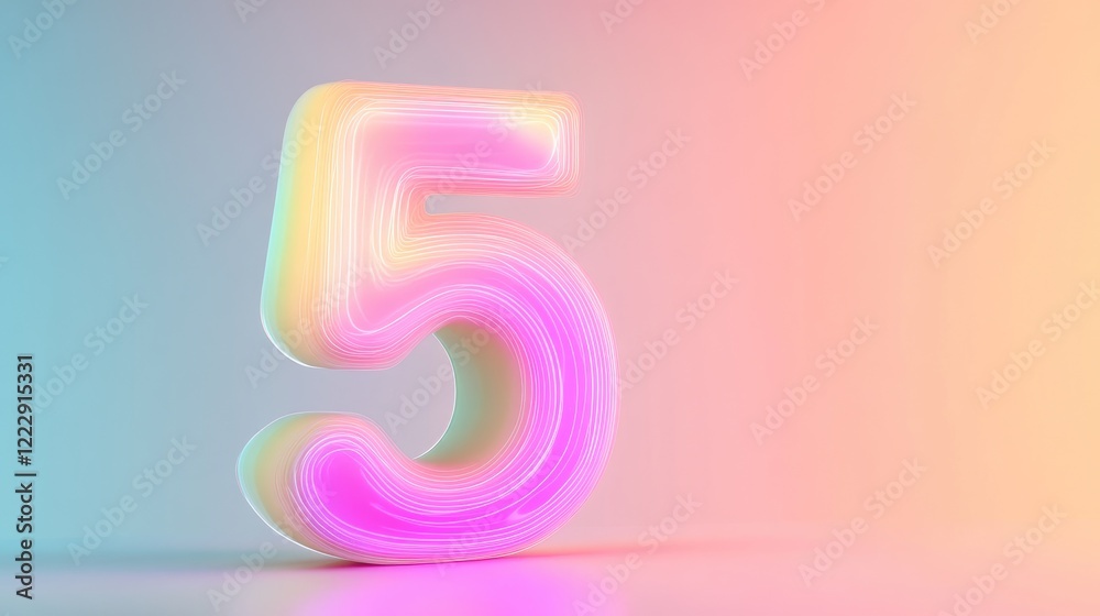 Glowing number 5 in pastel colors with soft gradient background and ample space for text and graphic design elements. Glowing number 5 in pastel colors with soft gradient background and ample space for text and graphic design elements.