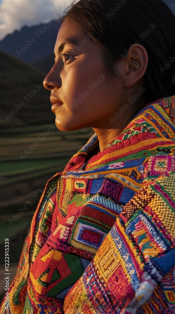 Obraz premium Close-up portrait of a Peruvian woman in vibrant traditional Andean clothing, with dramatic lighting highlighting intricate textiles and accessories, against a blurred Sacred Valley backdrop