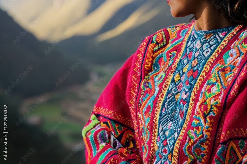 Close-up portrait of a Peruvian woman in vibrant traditional Andean clothing, with dramatic lighting highlighting intricate textiles and accessories, against a blurred Sacred Valley backdrop Close-up portrait of a Peruvian woman in vibrant traditional Andean clothing, with dramatic lighting highlighting intricate textiles and accessories, against a blurred Sacred Valley backdrop