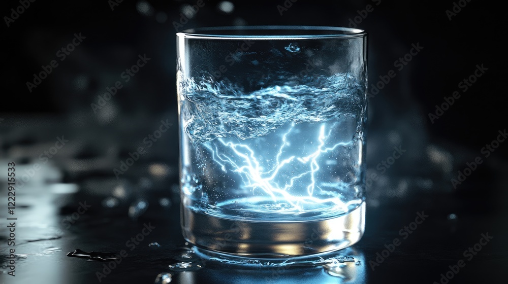 Dynamic close-up of a glass of water showcasing electric effects with dark background and ample space for adding custom text