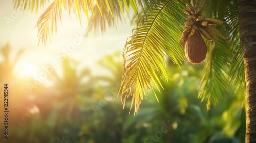 Fresh coconut tree close up in a vibrant garden setting with soft sunlight and ample empty space for text and captions.