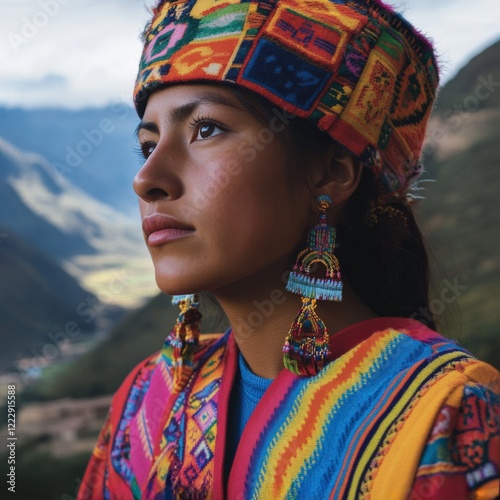 Close-up portrait of a Peruvian woman in vibrant traditional Andean clothing, with dramatic lighting highlighting intricate textiles and accessories, against a blurred Sacred Valley backdrop