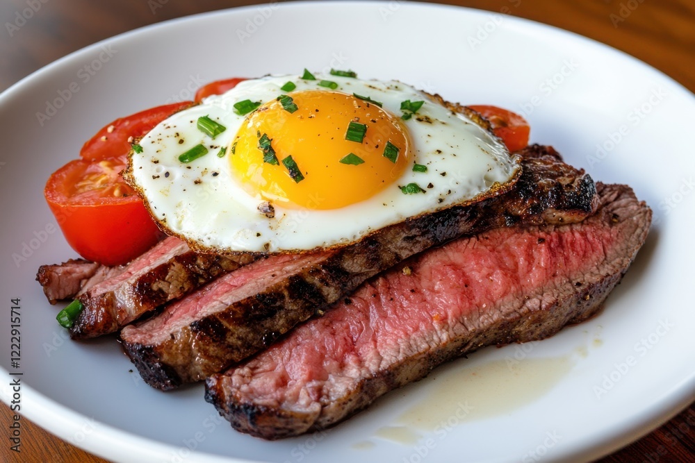 Steak eggs breakfast with tomatoes herbs on white plate Steak eggs breakfast with tomatoes herbs on white plate