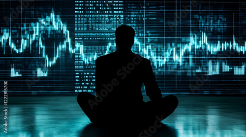 Silhouette of a Person Meditating Before a Large Teal Data Screen photo