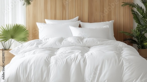 This stylish bed arrangement showcases fluffy white bedding against a wooden background, exuding modern aesthetics and inviting comfort that elevates any space.