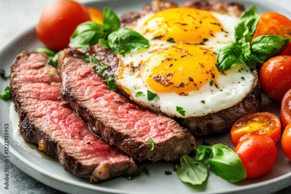 Steak eggs with cherry tomatoes herbs breakfast Steak eggs with cherry tomatoes herbs breakfast