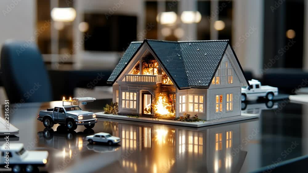 A miniature house experiences a simulated fire as emergency vehicles are positioned nearby, showcasing a detailed response scenario A miniature house experiences a simulated fire as emergency vehicles are positioned nearby, showcasing a detailed response scenario