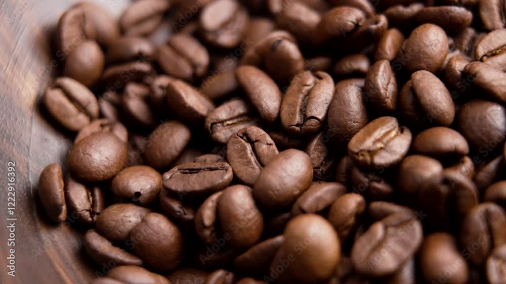 Roasted black coffee beans in rustic brown container. Organic ingredient of morning traditional aromatic drink. Macro shot. Rotation Roasted black coffee beans in rustic brown container. Organic ingredient of morning traditional aromatic drink. Macro shot. Rotation