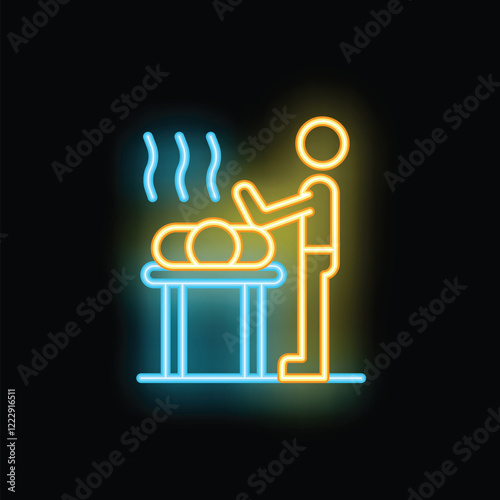 Neon sign of a baker kneading dough on a table, perfect for a bakery logo or signage