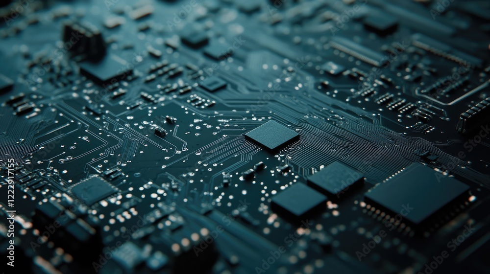 Close up of dark electronic circuit board with microchips and intricate wiring showcasing technology and innovation with copy space for text Close up of dark electronic circuit board with microchips and intricate wiring showcasing technology and innovation with copy space for text