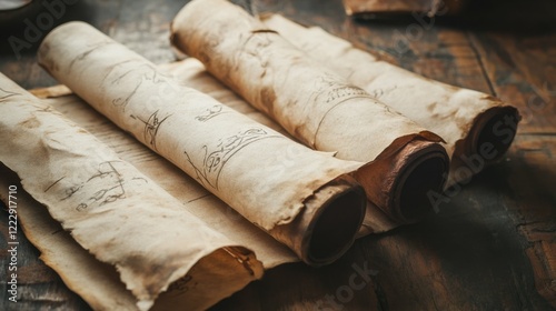 Rustic rolled parchment scrolls on an aged wooden table, ancient and mysterious vibes