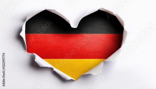 Heart-shaped hole revealing german flag inside torn white paper background. photo