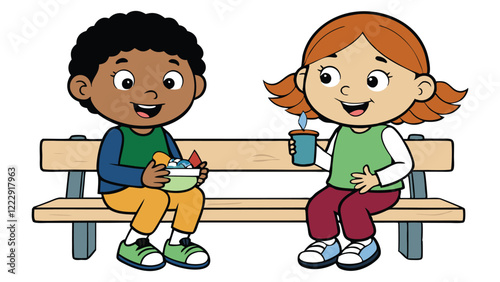 two kids sitting on a bench eating and chatting 