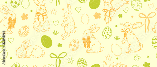 Easter seamless pattern, vector holiday bunny hand drawn texture, doodle cute rabbit, ribbon, bow. Spring festive minimal textile print, colorful traditional eggs, flower. Easter pattern background