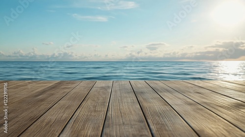 Serene polished wooden deck with ocean view and clear sky suitable for text overlay or promotional content.