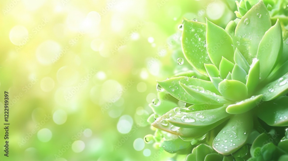 Fresh succulent plant with water droplets in bright green sunlight creating a serene backdrop and empty space for text or design elements
