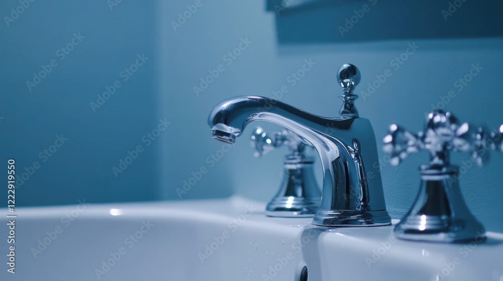Chrome faucet and sink detail in bathroom with soft blue background and ample empty space for text or design elements Chrome faucet and sink detail in bathroom with soft blue background and ample empty space for text or design elements