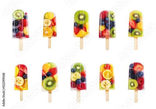 A colorful assortment of frozen fruit popsicles isolated on white. This collection of sweet treats on sticks features vibrant red and green desserts that bring joy and fun to any summer day