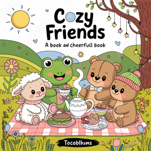 cute coloring book cover, cover, cute kids illustration, cartoon cover, cartoon illustration, kawaii coloring, easy and bold, kawaii cover, cozy, cozy cover, fuzzy, hygge, coloring pages, adult colori