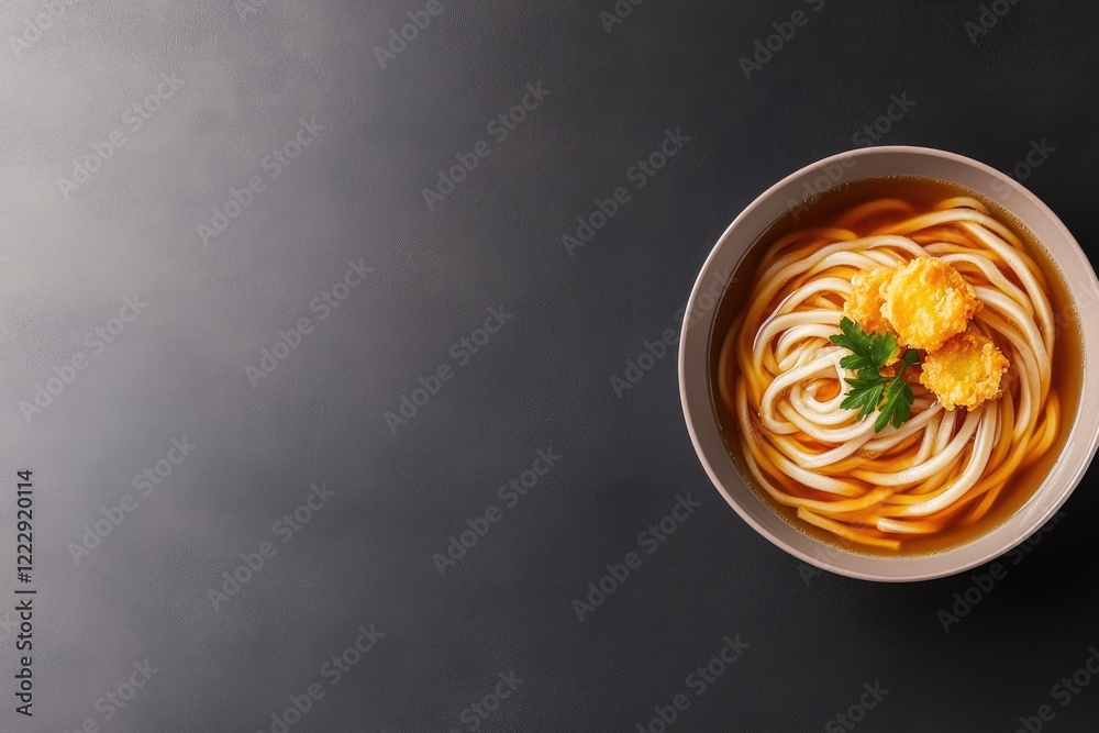 Warm bowl of noodles with vibrant broth and garnished with herbs Warm bowl of noodles with vibrant broth and garnished with herbs