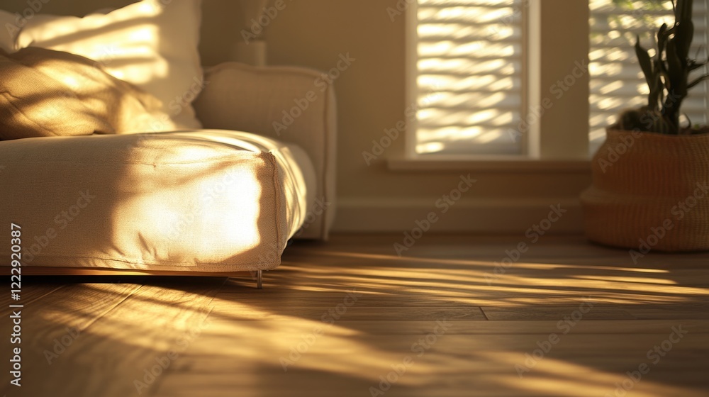Elegant sunlit living room with wooden floors, soft shadows, and ample empty space for text or branding elements Elegant sunlit living room with wooden floors, soft shadows, and ample empty space for text or branding elements