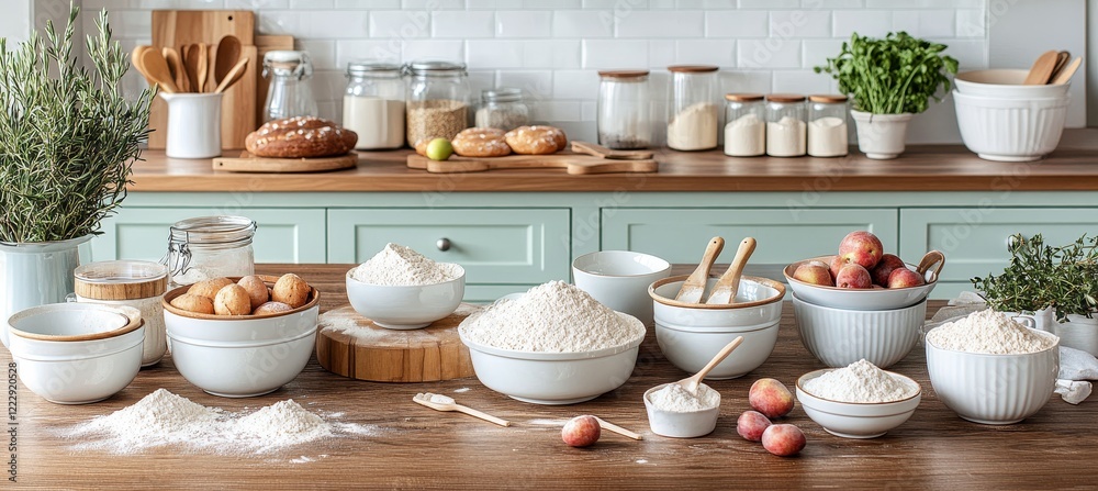 Bright and Airy Kitchen Ready for Baking with Fresh Fruit, Flour in Bowls and Baking Essentials