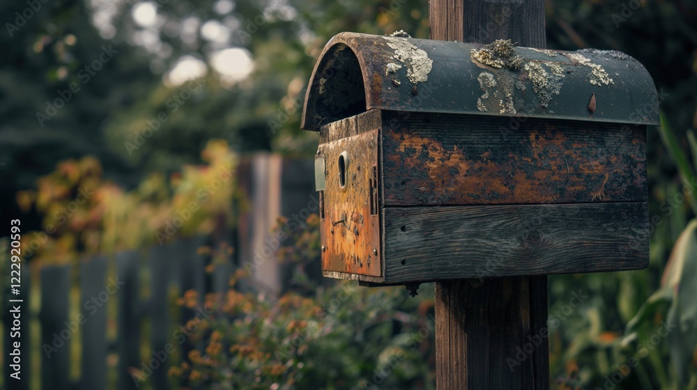 Weathered mailbox surrounded by lush greenery Weathered mailbox surrounded by lush greenery