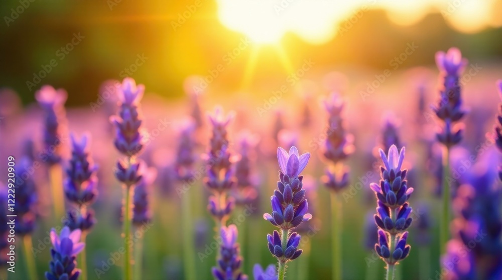 Obraz premium Golden Hour Lavender Field Serenity A Close-Up View of Blooming Purple Flowers at Sunset