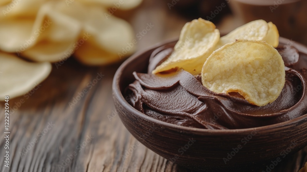 Dessert bowl with chocolate spread topped with crispy potato chips on rustic wooden table with empty space for text