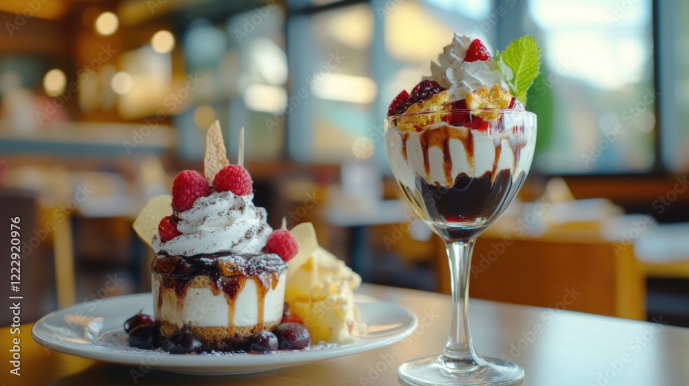 Delicious desserts and beverages on a table in a dining establishment with ample space for copy or text placement Delicious desserts and beverages on a table in a dining establishment with ample space for copy or text placement