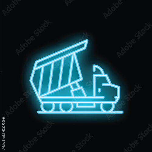 Bright blue neon icon of a dump truck is glowing on a black background