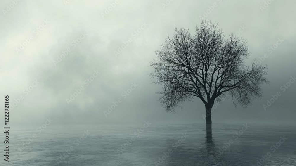 Lonely Tree in Foggy Landscape Symbolizing Isolation and Despair with Empty Space for Text on Mental Health Challenges and Depression Lonely Tree in Foggy Landscape Symbolizing Isolation and Despair with Empty Space for Text on Mental Health Challenges and Depression