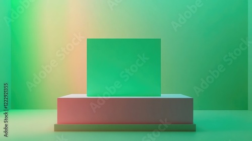 Desktop monitor with green screen mockup for text display in modern minimalistic studio setting with vibrant lighting effects