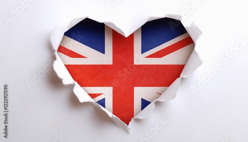 Heart shaped british flag on torn paper background. photo