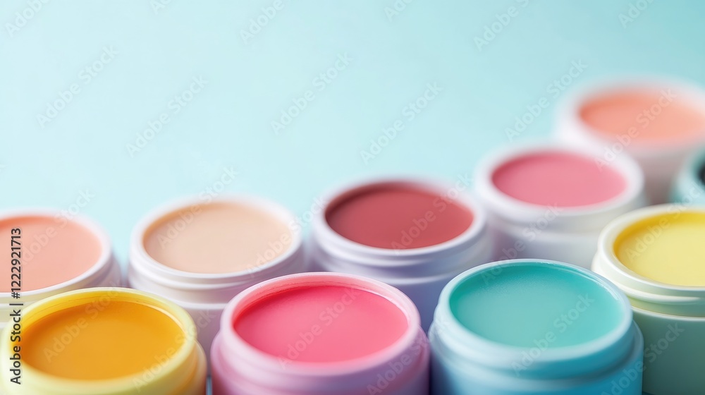 Vibrant assortment of natural ingredient lip balms arranged in a row with blank space for text or product promotion in soft pastel colors Vibrant assortment of natural ingredient lip balms arranged in a row with blank space for text or product promotion in soft pastel colors
