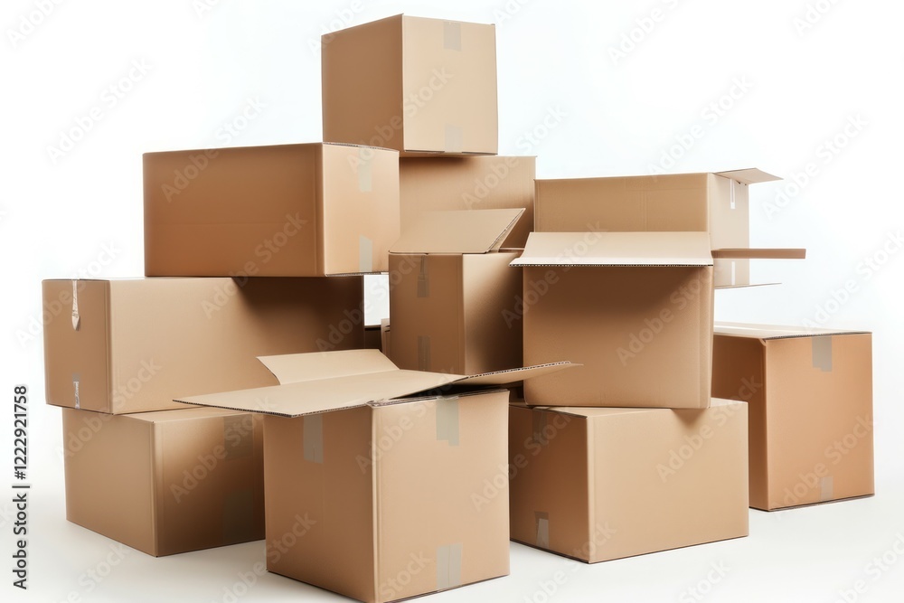 Stack of brown cardboard boxes for moving day with stuff indoors. High definition photo Stack of brown cardboard boxes for moving day with stuff indoors. High definition photo