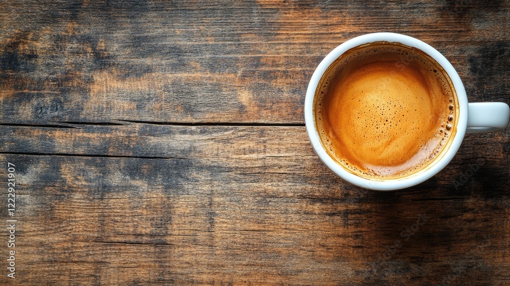 Top view of steaming coffee cup on rustic wooden desk with blank space for advertising or promotional text in vintage style setting Top view of steaming coffee cup on rustic wooden desk with blank space for advertising or promotional text in vintage style setting